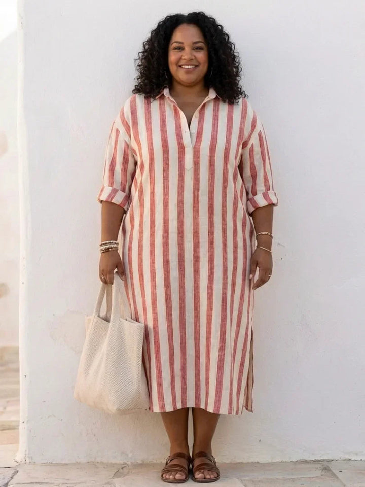 Naomi - Boho Women's Linen Dress with Oversized Collar and Roll Up Sleeves