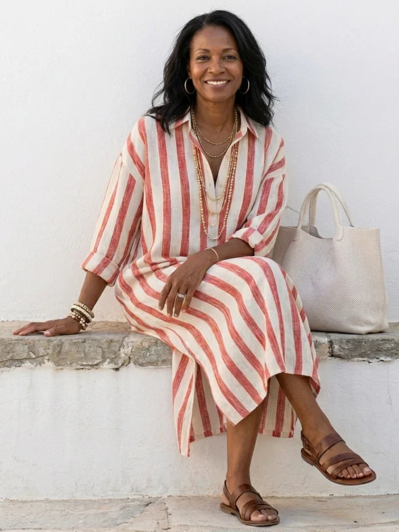 Naomi - Boho Women's Linen Dress with Oversized Collar and Roll Up Sleeves