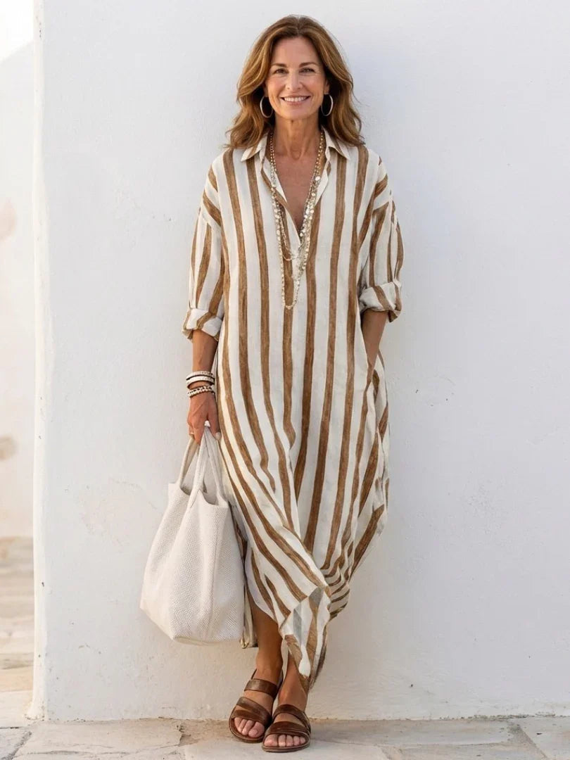 Naomi - Boho Women's Linen Dress with Oversized Collar and Roll Up Sleeves