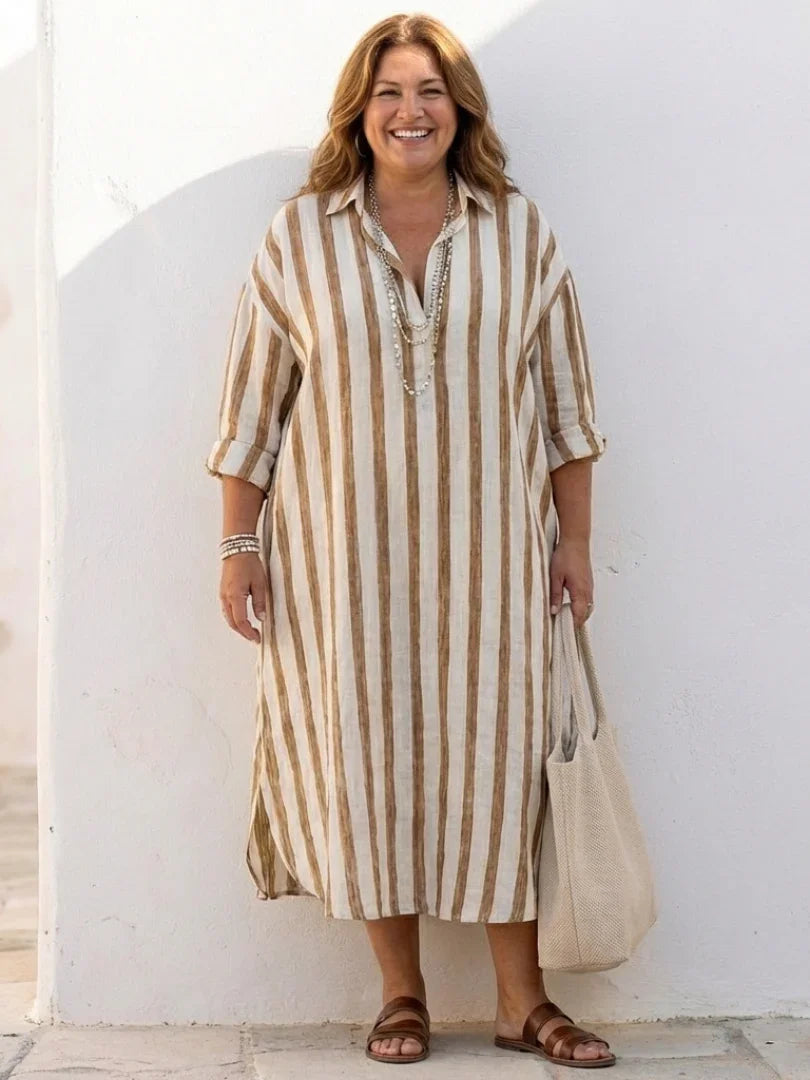Naomi - Boho Women's Linen Dress with Oversized Collar and Roll Up Sleeves