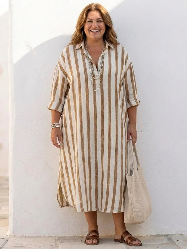 Naomi - Boho Women's Linen Dress with Oversized Collar and Roll Up Sleeves