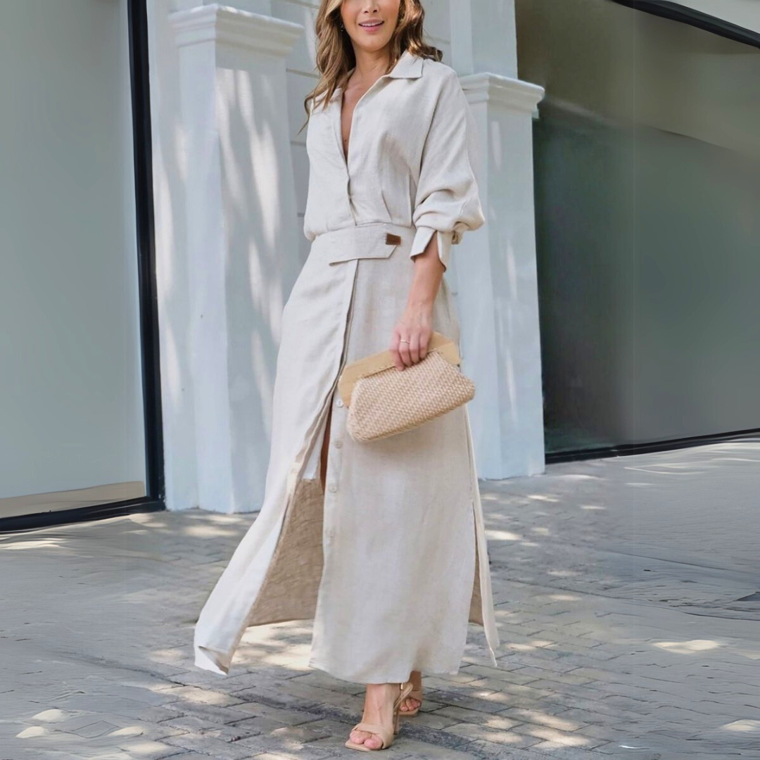 Naomi - Casual Women's Wedding Guest Maxi Dress with Shirt Collar and Belted Waist