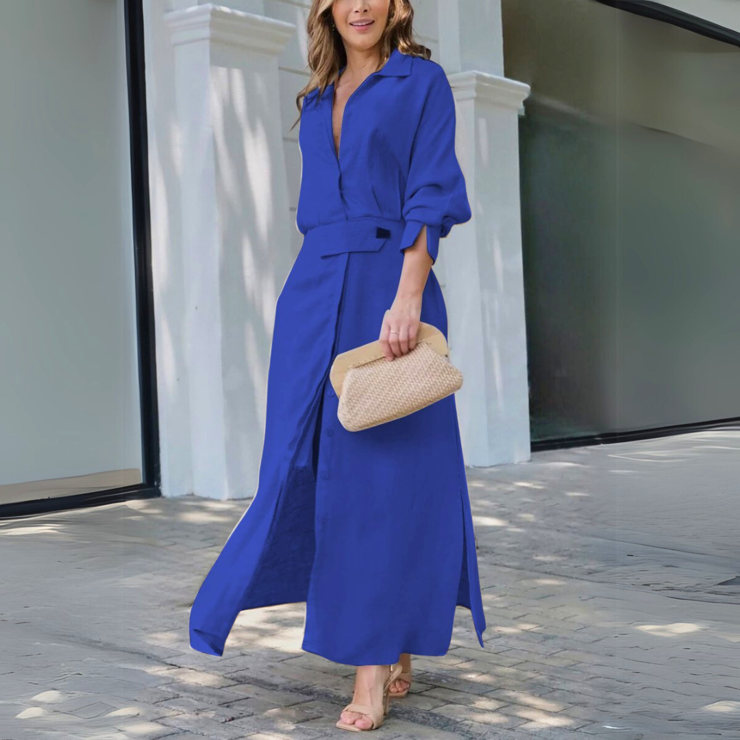 Naomi - Casual Women's Wedding Guest Maxi Dress with Shirt Collar and Belted Waist