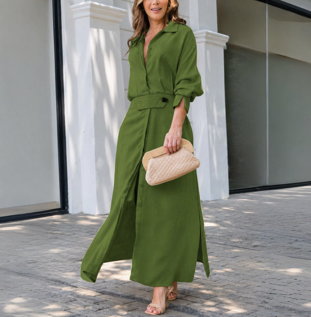 Naomi - Casual Women's Wedding Guest Maxi Dress with Shirt Collar and Belted Waist