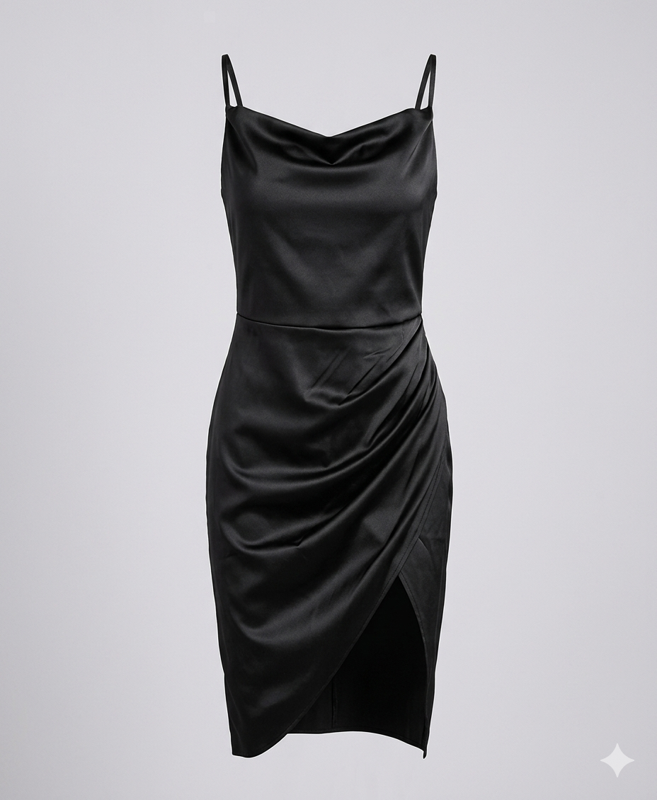 Natalie - Elegant Women's Wedding Guest Midi Dress with Cowl Neck and Spaghetti Straps