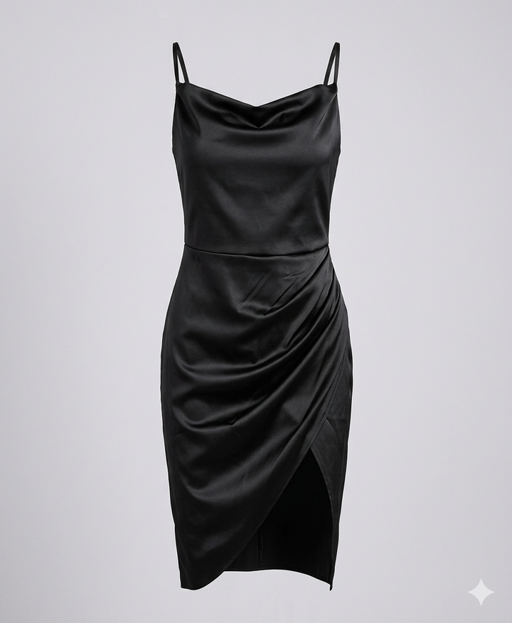 Natalie - Elegant Women's Wedding Guest Midi Dress with Cowl Neck and Spaghetti Straps