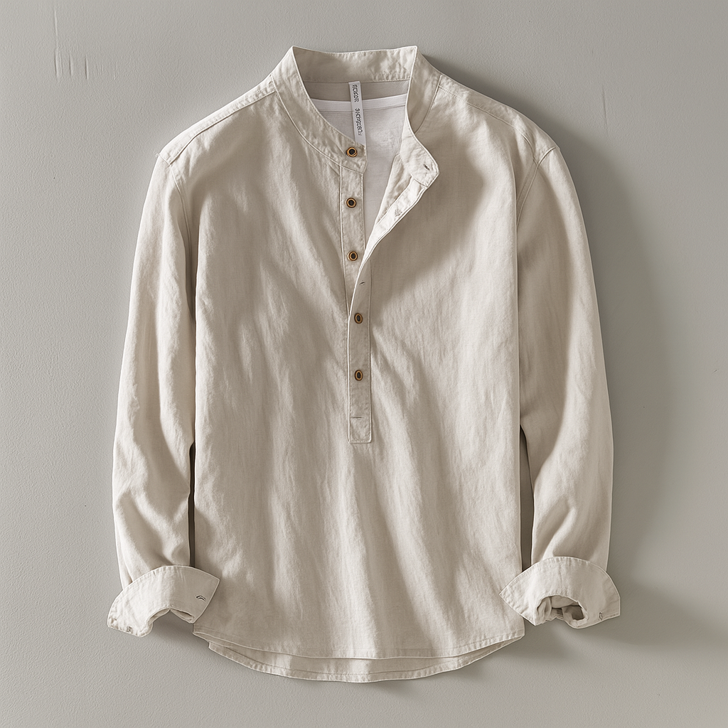 Oliver - Casual Men's Linen Shirt with Grandad Collar and Long Sleeves