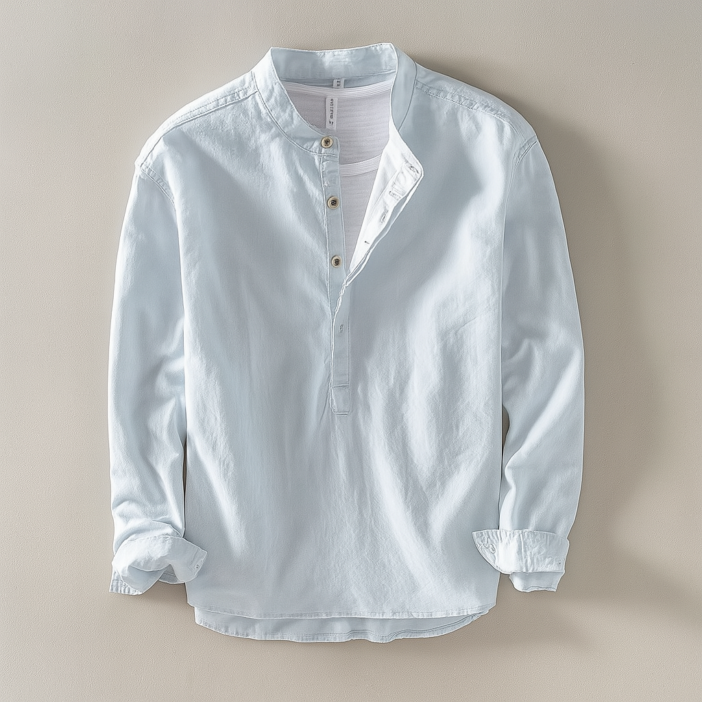 Oliver - Casual Men's Linen Shirt with Grandad Collar and Long Sleeves