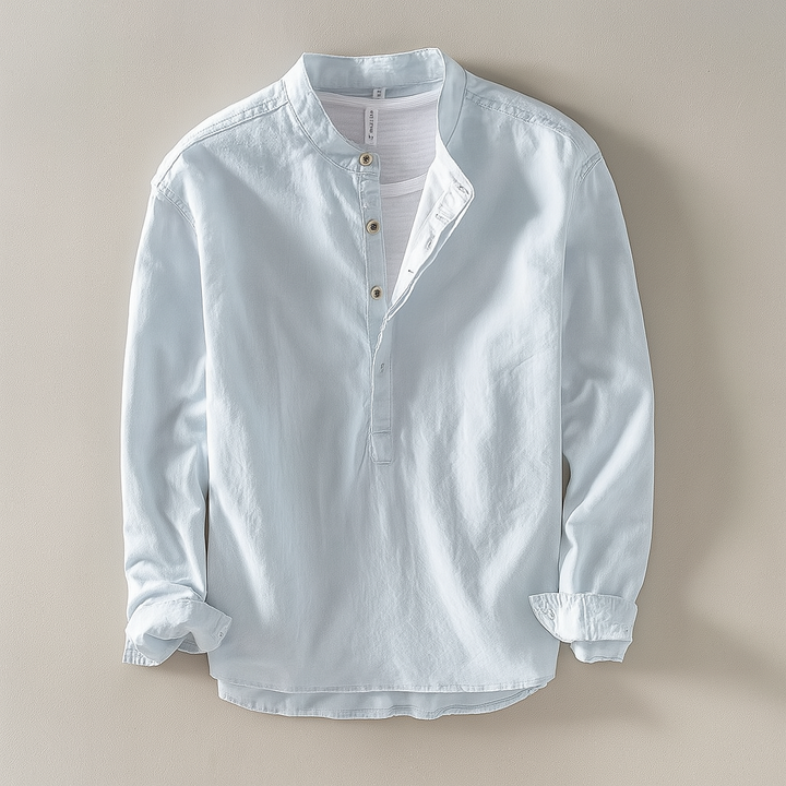 Oliver - Casual Men's Linen Shirt with Grandad Collar and Long Sleeves