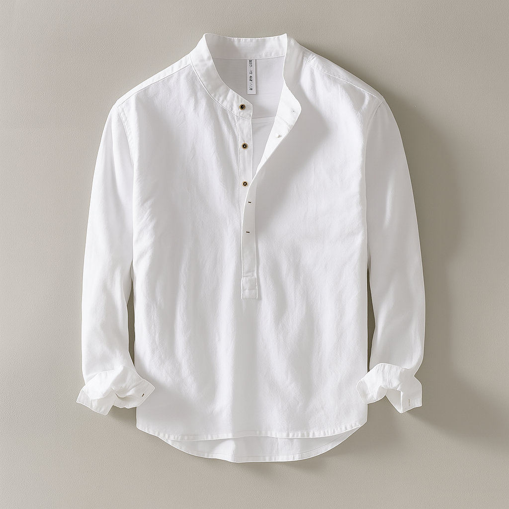 Oliver - Casual Men's Linen Shirt with Grandad Collar and Long Sleeves