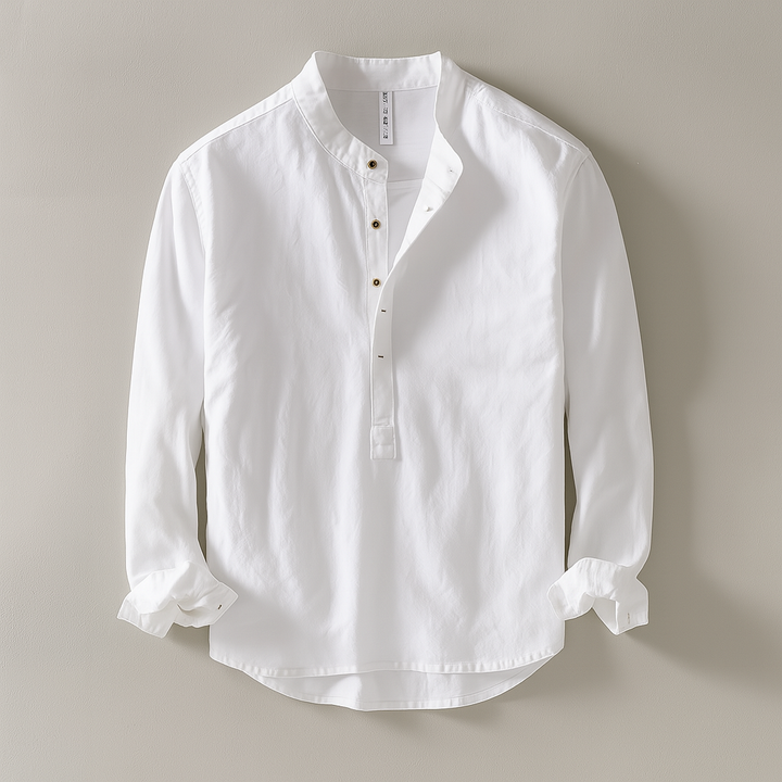 Oliver - Casual Men's Linen Shirt with Grandad Collar and Long Sleeves