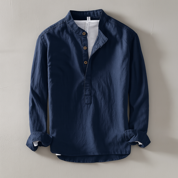 Oliver - Casual Men's Linen Shirt with Grandad Collar and Long Sleeves