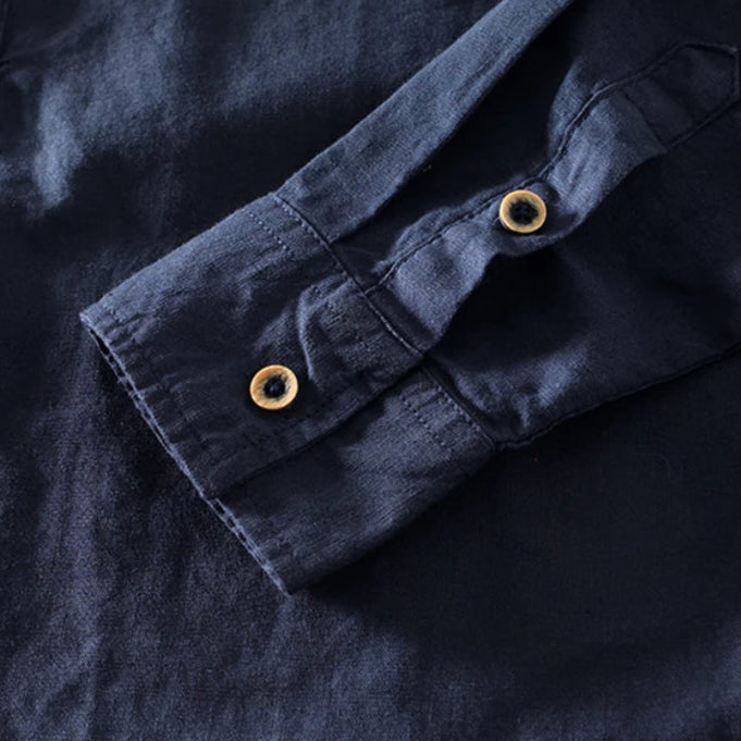 Oliver - Casual Men's Linen Shirt with Grandad Collar and Long Sleeves