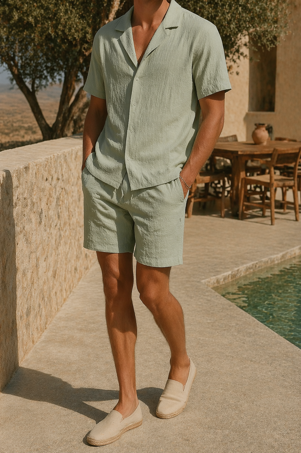 Oliver - Casual Men's Linen Summer Set with Camp Collar and Drawstring Shorts