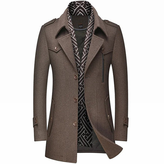 Oliver - Men's long winter coat with smart quilted lining and scarf collar