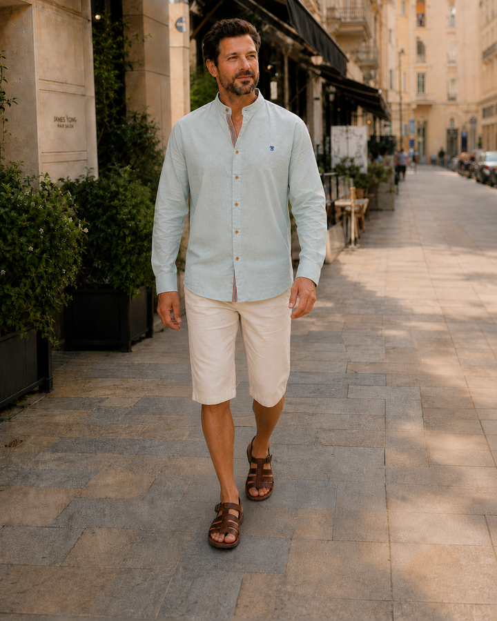 Oliver - Smart Men's Linen Blouse with Mandarin Collar and Button Placket