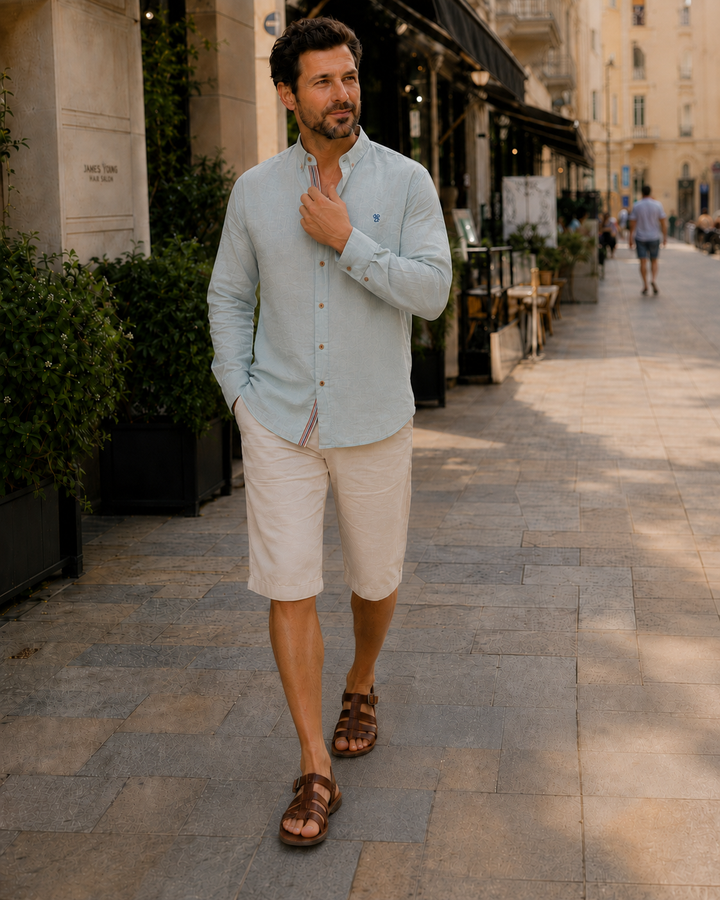 Oliver - Smart Men's Linen Blouse with Mandarin Collar and Button Placket