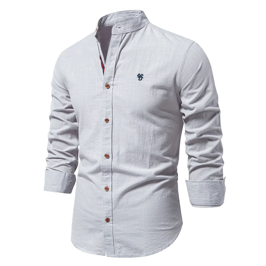 Oliver - Smart Men's Linen Blouse with Mandarin Collar and Button Placket