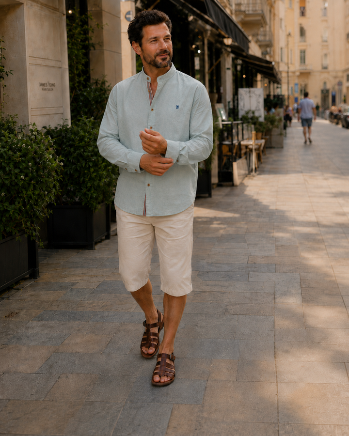 Oliver - Smart Men's Linen Blouse with Mandarin Collar and Button Placket