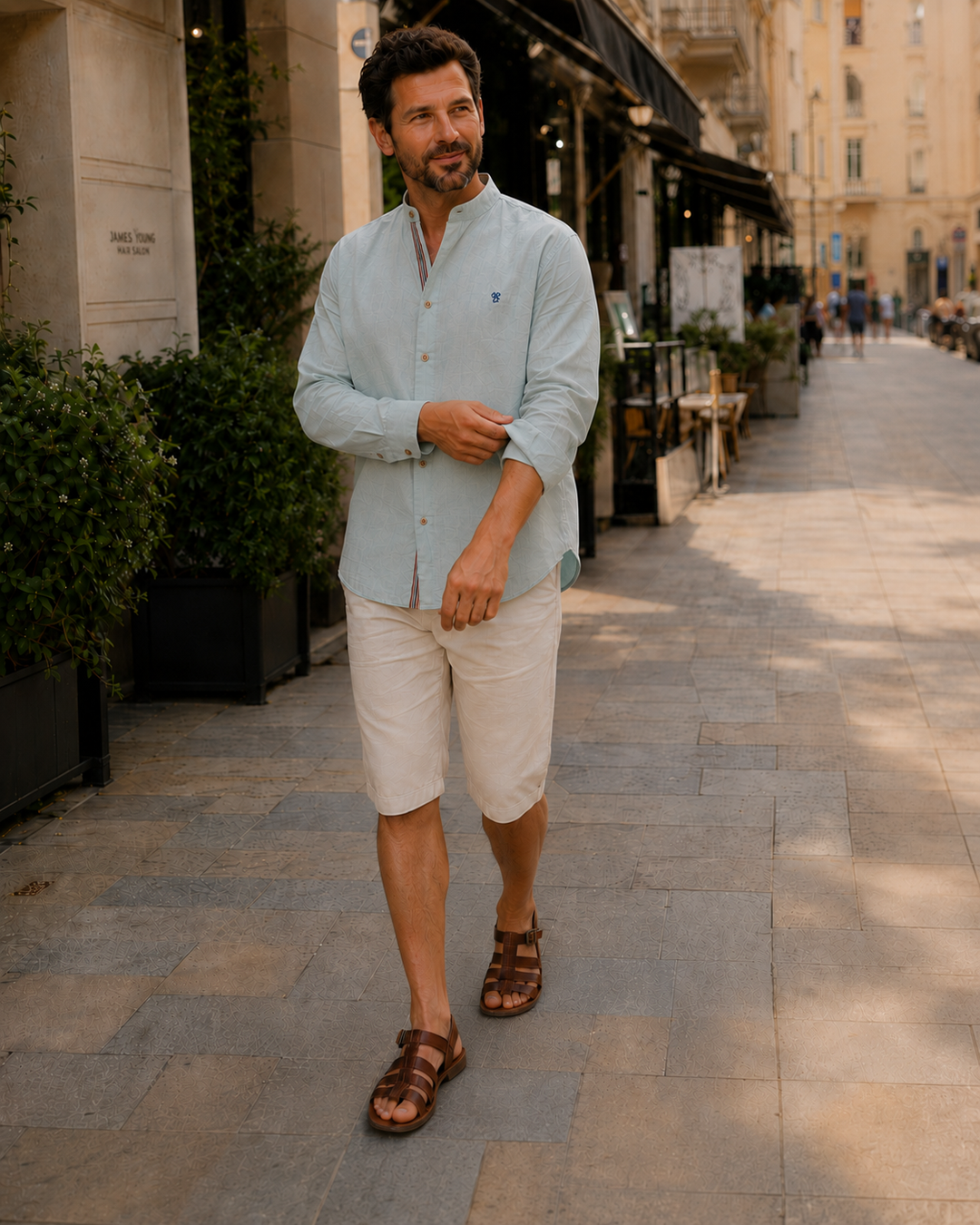 Oliver - Smart Men's Linen Blouse with Mandarin Collar and Button Placket