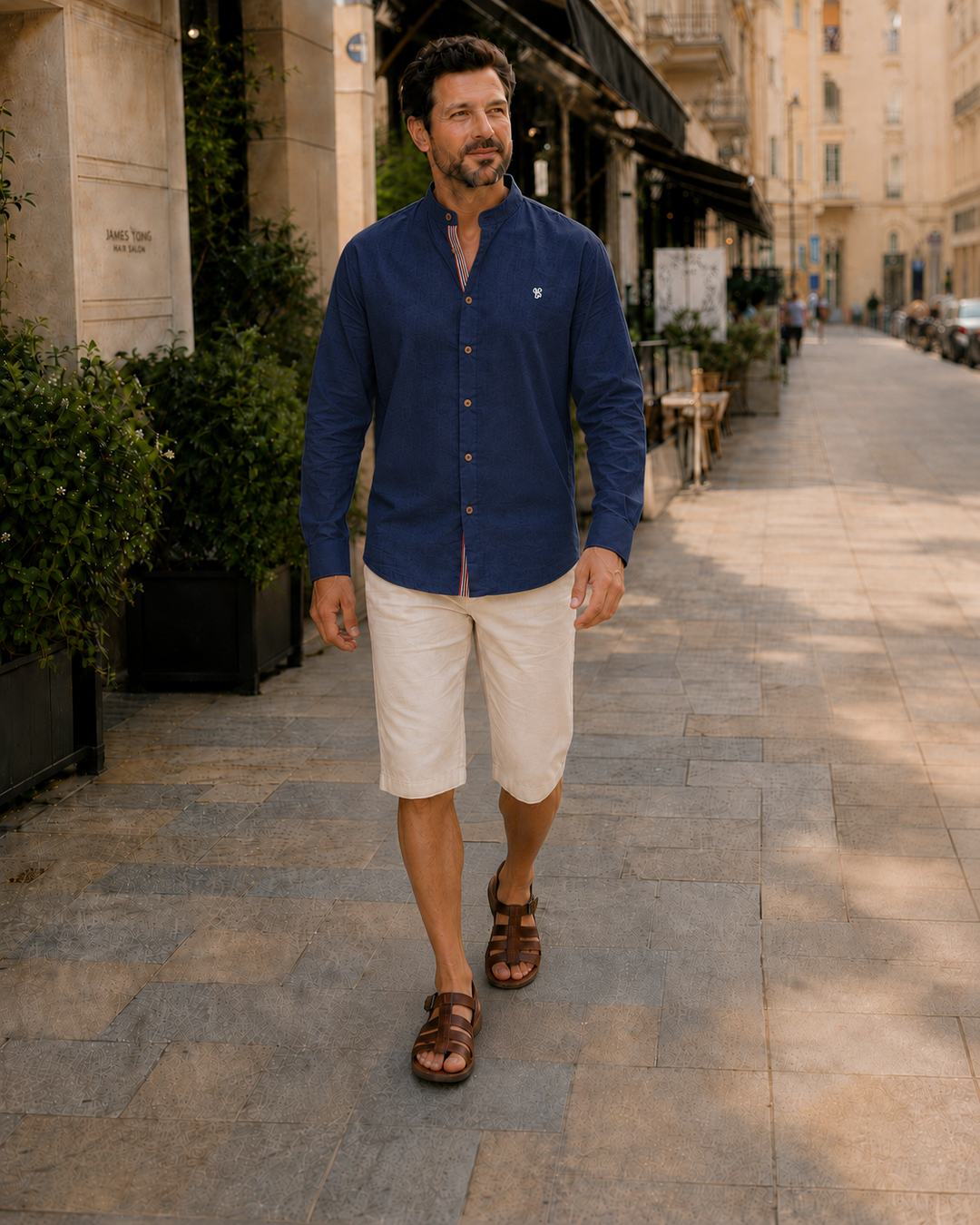 Oliver - Smart Men's Linen Blouse with Mandarin Collar and Button Placket