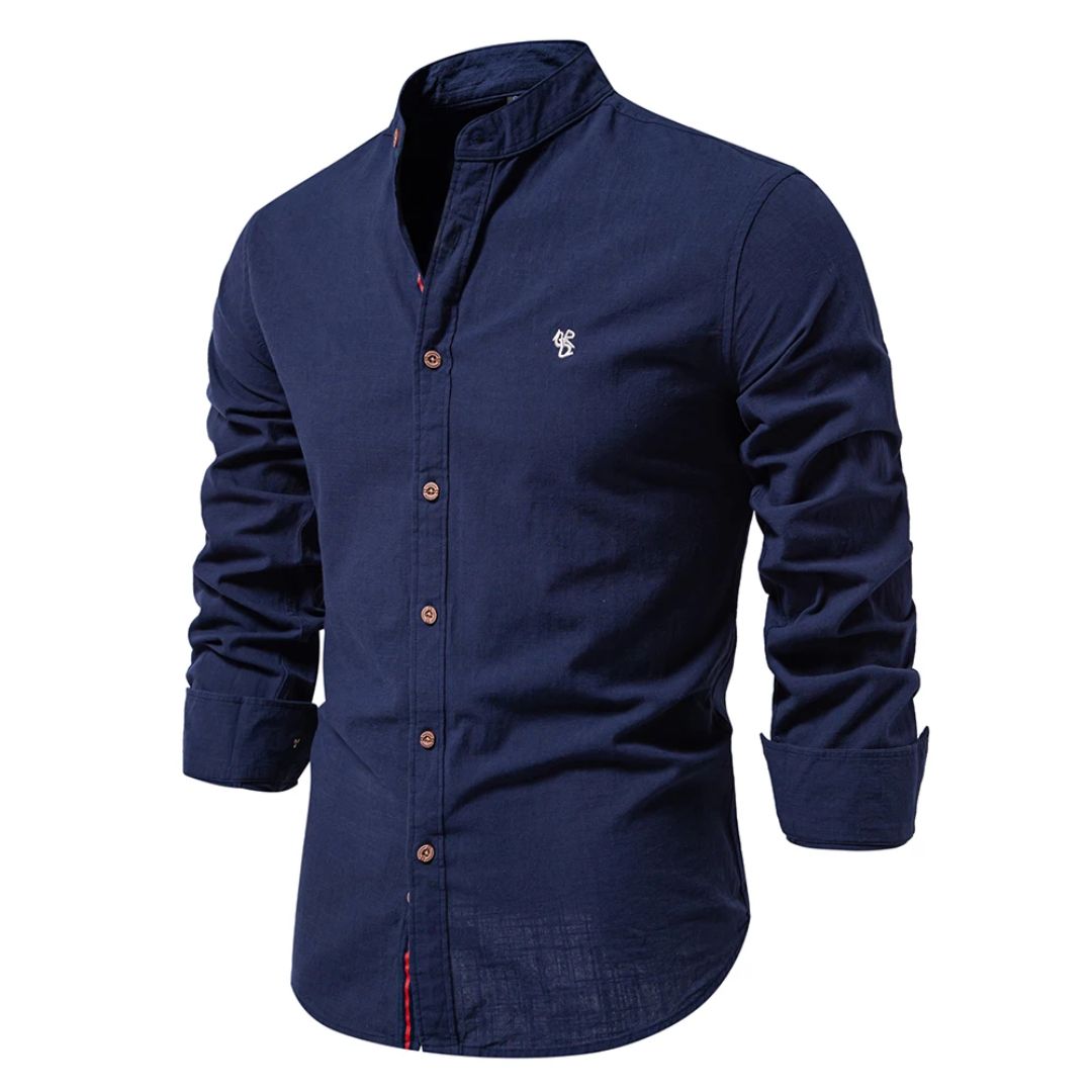 Oliver - Smart Men's Linen Blouse with Mandarin Collar and Button Placket