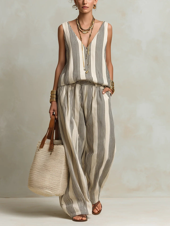 Olivia - Boho Women's Linen Set with Striped V-Neck Top and Wide Leg Trousers