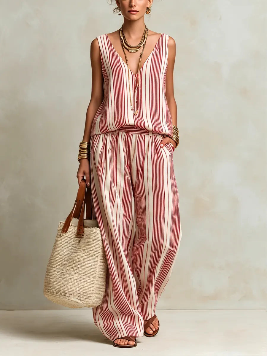 Olivia - Boho Women's Linen Set with Striped V-Neck Top and Wide Leg Trousers