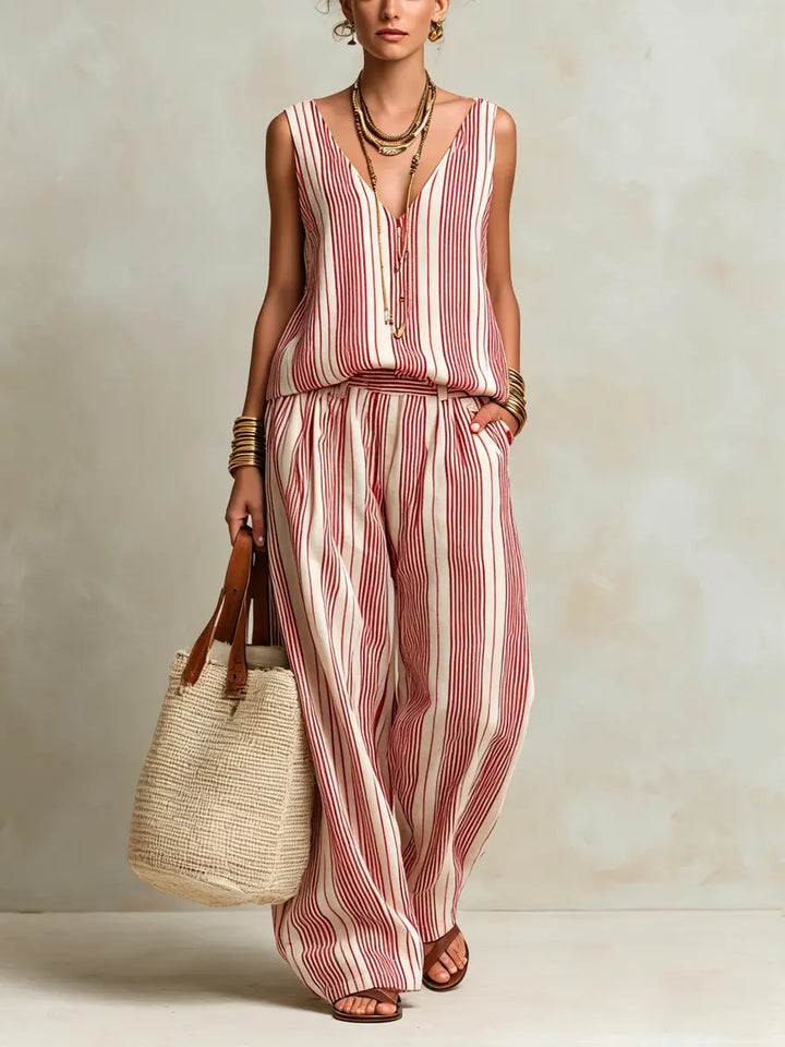 Olivia - Boho Women's Linen Set with Striped V-Neck Top and Wide Leg Trousers
