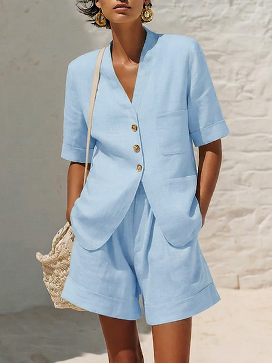 Olivia - Casual Women's Linen Summer Set with Notch Lapel Blazer and Patch Pocket Shorts