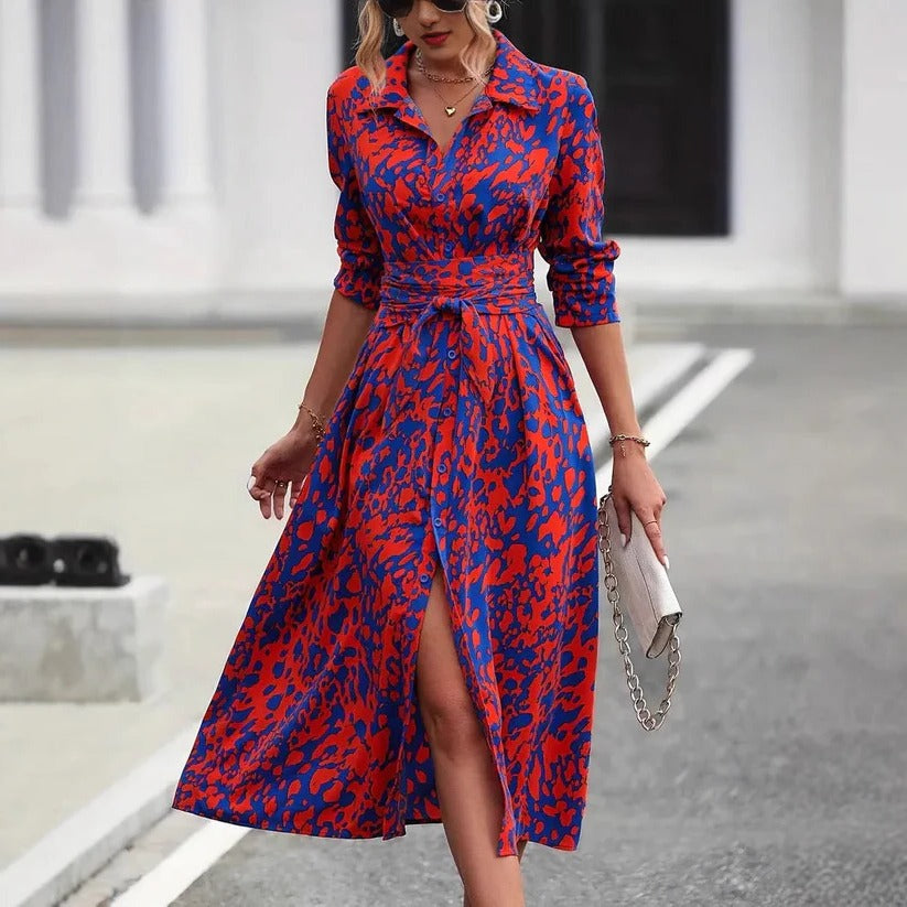 Olivia - Chic Women's Midi Dress with Collar Neckline, Tie Waist and Front Split
