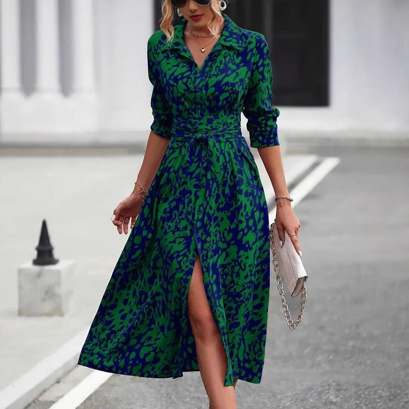 Olivia - Chic Women's Midi Dress with Collar Neckline, Tie Waist and Front Split