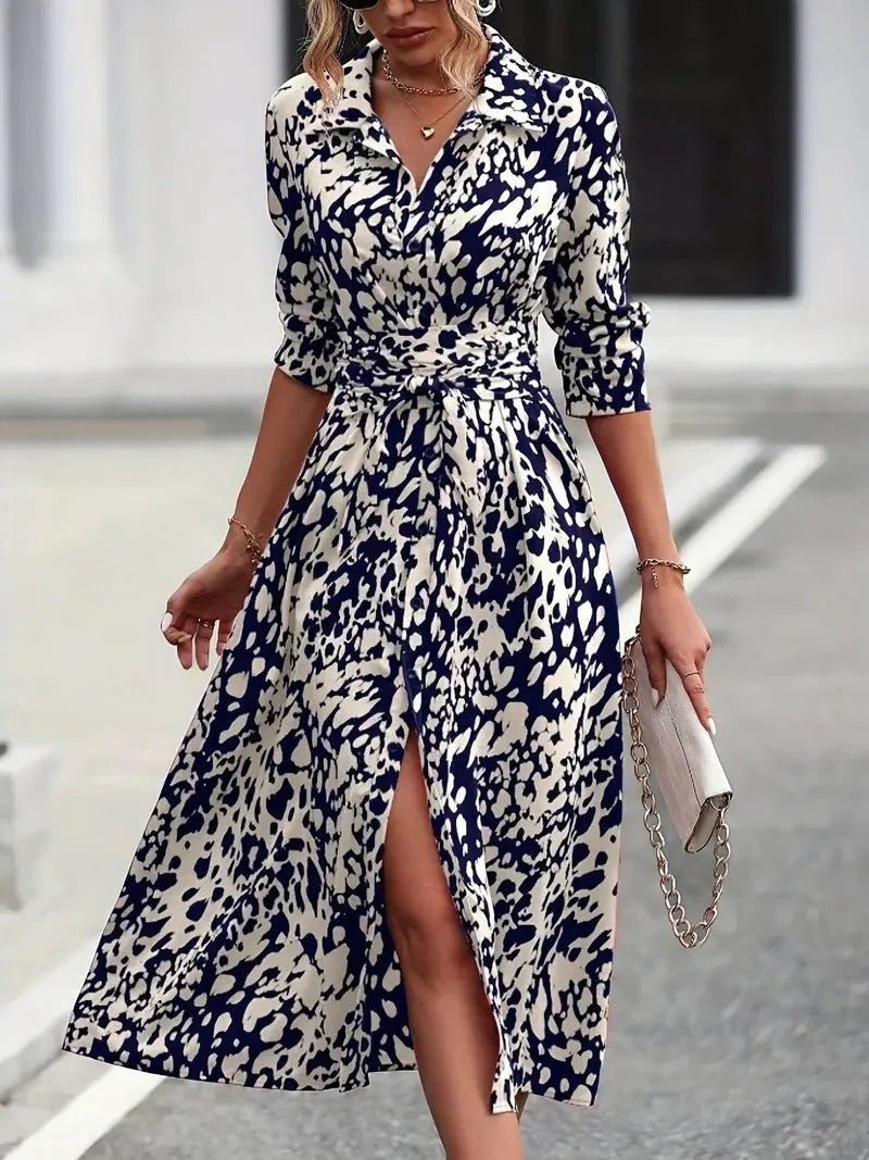 Olivia - Chic Women's Midi Dress with Collar Neckline, Tie Waist and Front Split
