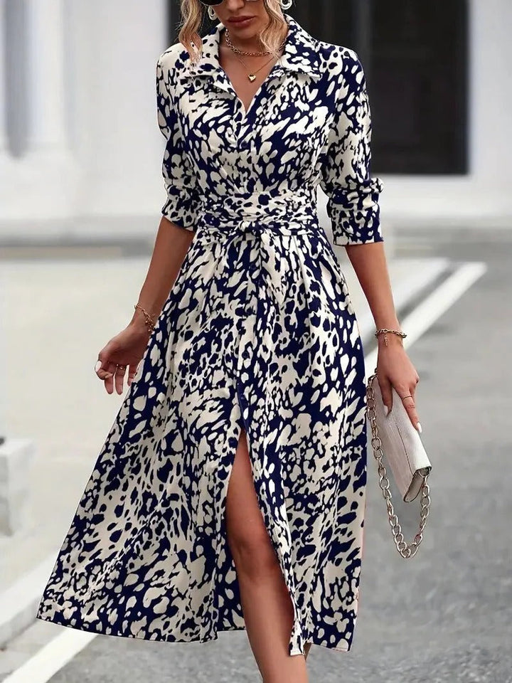 Olivia - Chic Women's Midi Dress with Collar Neckline, Tie Waist and Front Split