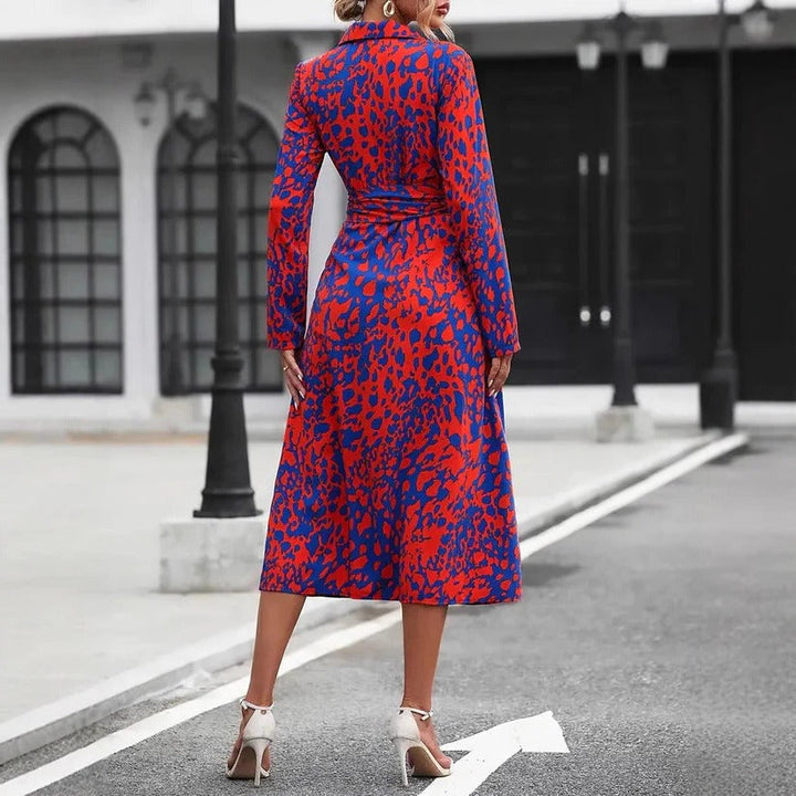 Olivia - Chic Women's Midi Dress with Collar Neckline, Tie Waist and Front Split