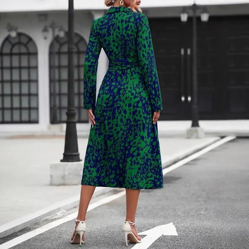 Olivia - Chic Women's Midi Dress with Collar Neckline, Tie Waist and Front Split