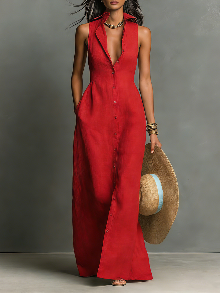 Olivia - Elegant Women's Linen Maxi Dress with Deep V Neckline and Button Front