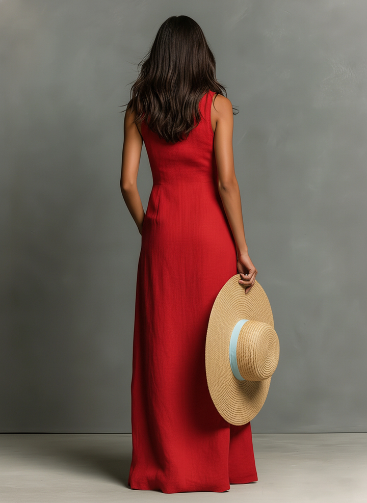 Olivia - Elegant Women's Linen Maxi Dress with Deep V Neckline and Button Front