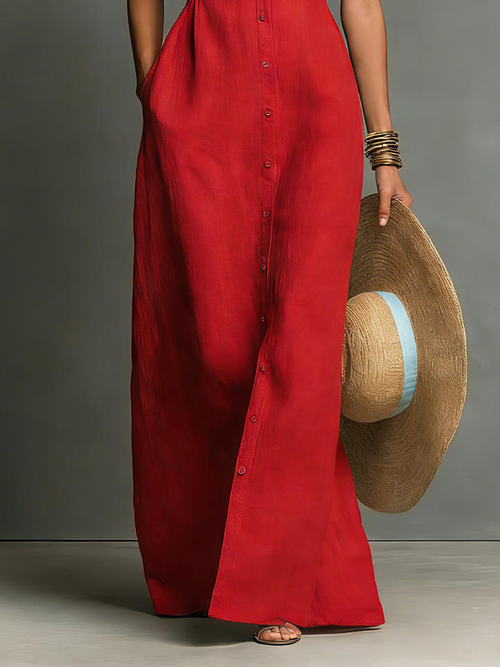 Olivia - Elegant Women's Linen Maxi Dress with Deep V Neckline and Button Front