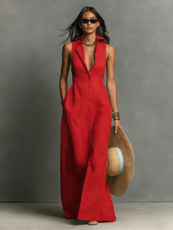 Olivia - Elegant Women's Linen Maxi Dress with Deep V Neckline and Button Front