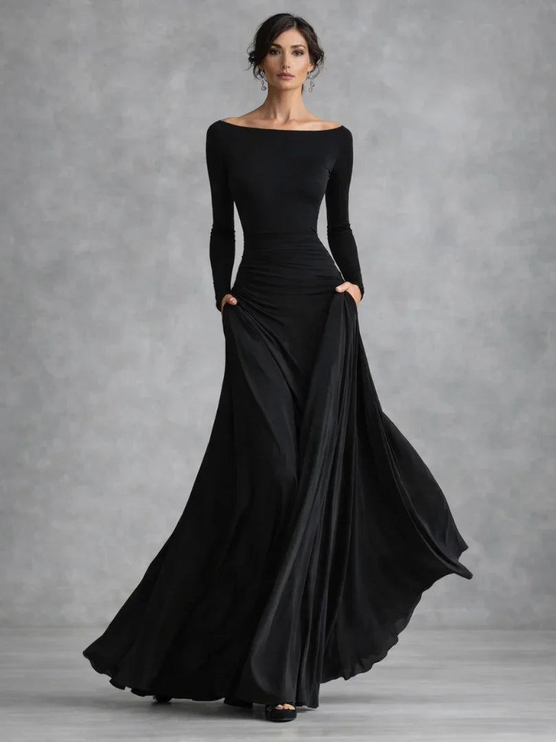 Olivia - Elegant Women's Off-Shoulder Maxi Dress with Long Sleeves