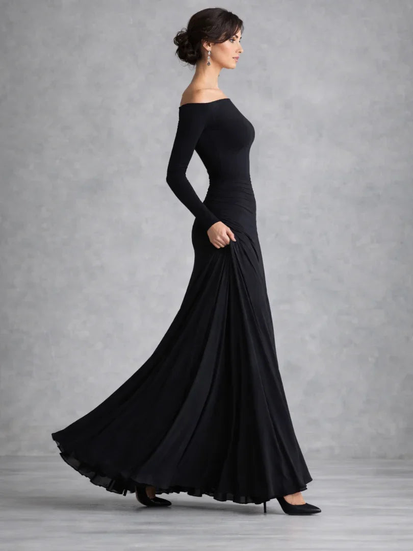 Olivia - Elegant Women's Off-Shoulder Maxi Dress with Long Sleeves