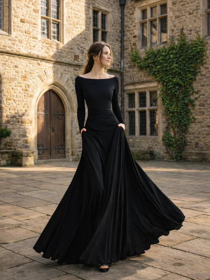Olivia - Elegant Women's Off-Shoulder Maxi Dress with Long Sleeves