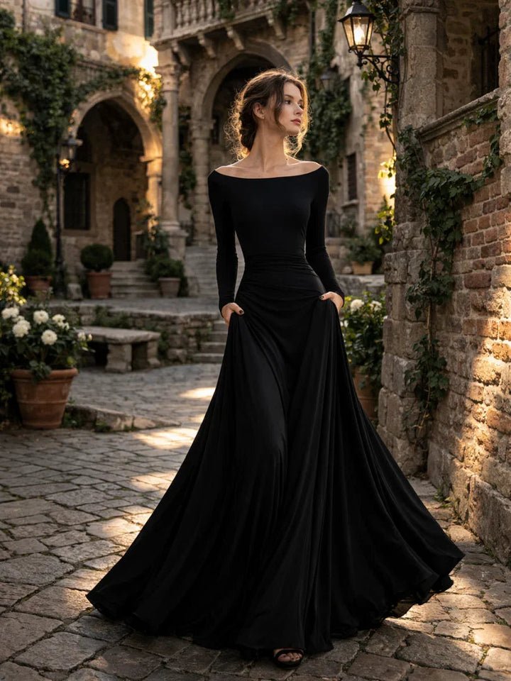Olivia - Elegant Women's Off-Shoulder Maxi Dress with Long Sleeves