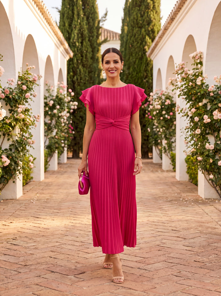 Olivia - Elegant Women's Pleated Maxi Dress with Ruffle Sleeves and Twist Waist