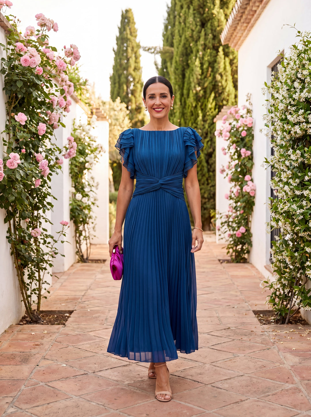 Olivia - Elegant Women's Pleated Maxi Dress with Ruffle Sleeves and Twist Waist