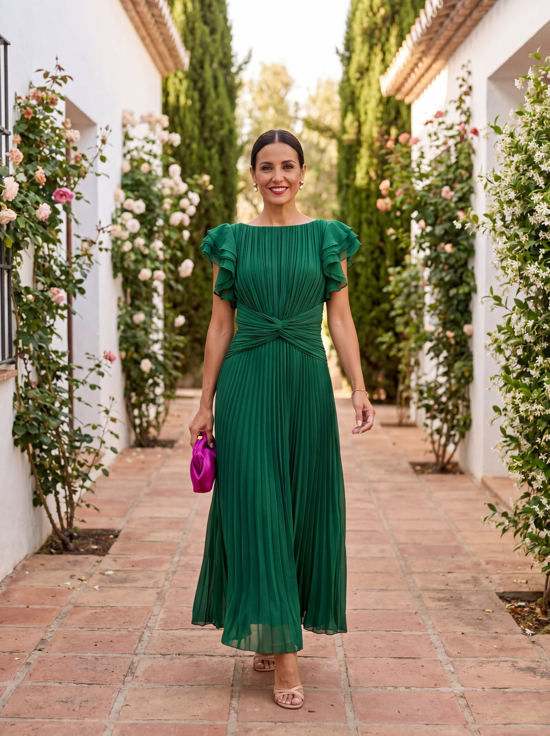 Olivia - Elegant Women's Pleated Maxi Dress with Ruffle Sleeves and Twist Waist