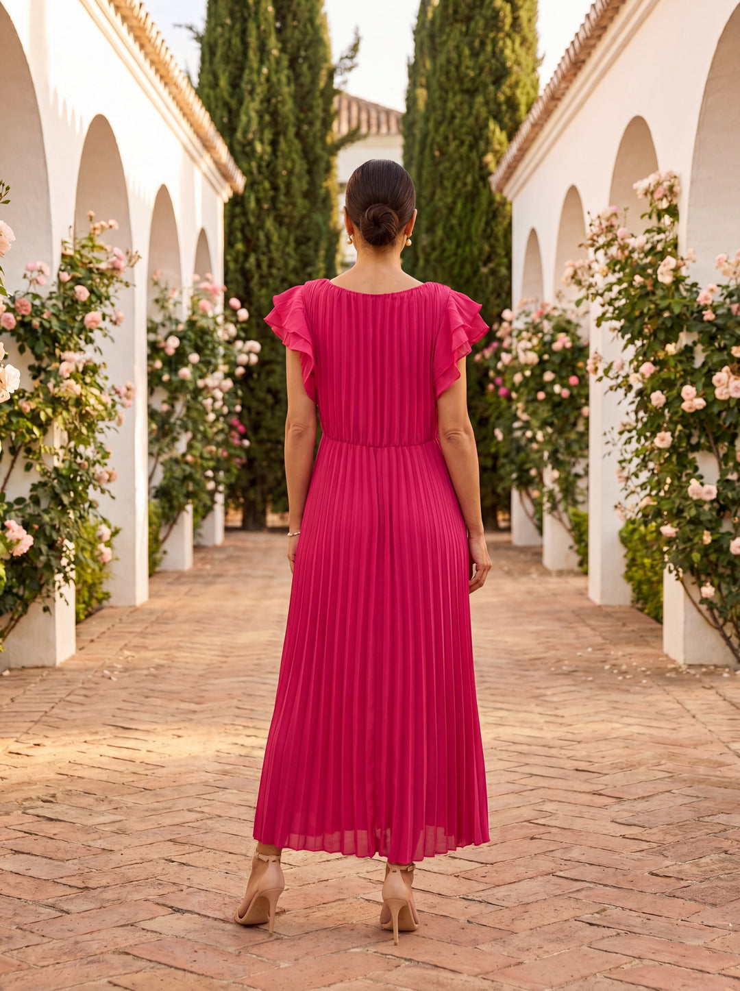 Olivia - Elegant Women's Pleated Maxi Dress with Ruffle Sleeves and Twist Waist