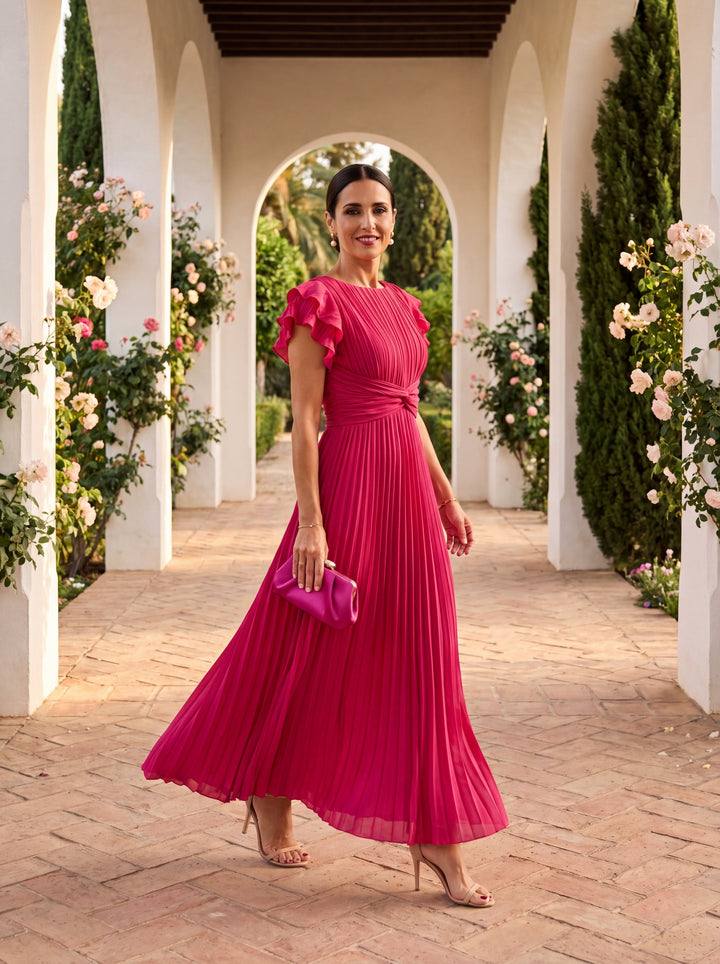 Olivia - Elegant Women's Pleated Maxi Dress with Ruffle Sleeves and Twist Waist