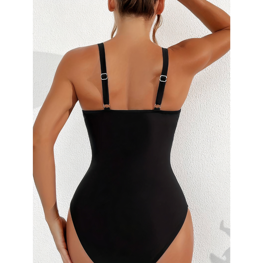Olivia - Elegant Women's Swimsuit with Deep V Neck and Sheer Waist Panel Detail